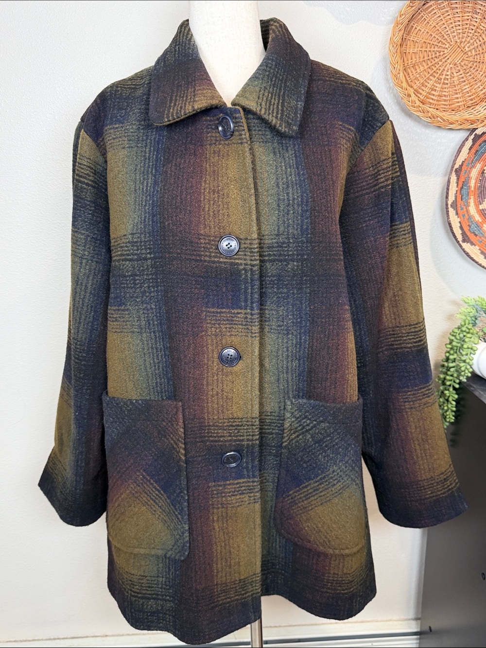 Pendleton Wool Blend Lined Topper Coat Muted Tones Plaid Coat Size XL EUC